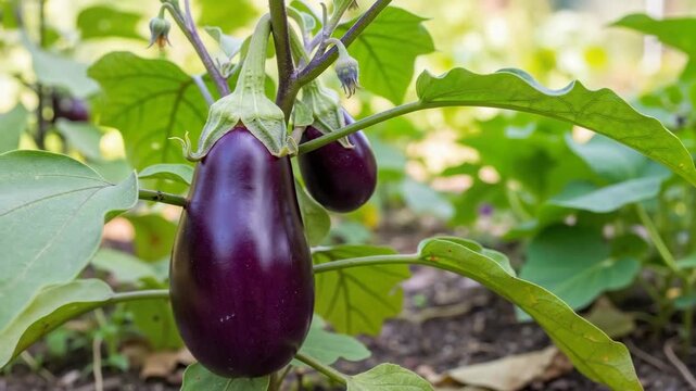 Fresh eggplant growing on plant in organic vegetable garden  