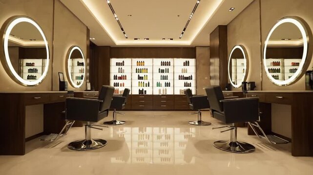 Modern luxury hair salon interior with illuminated mirrors and chairs