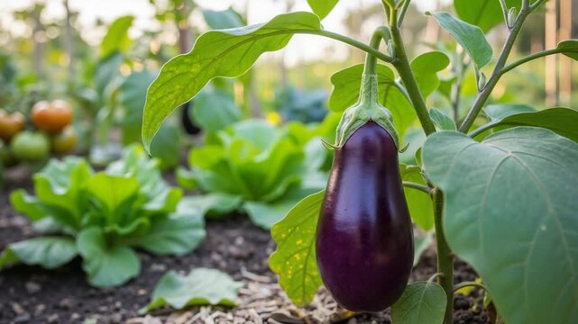 Fresh eggplant growing in lush garden surrounded by greens  