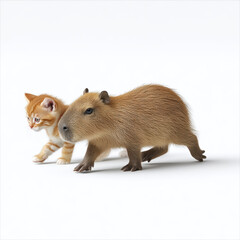 Baby capybara orange kitten walking together white background cute animal friendship playful furry adorable small