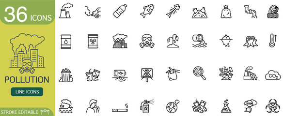 Pollution line icon environment ecology contamination climate waste factory smoke toxic pollution line icon set environment ecology contamination climate waste factory smoke toxic outline vector © Alice a.