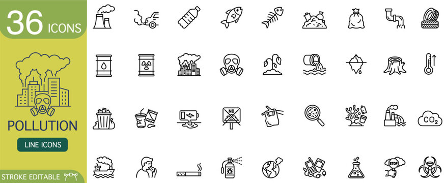 Pollution line icon environment ecology contamination climate waste factory smoke toxic pollution line icon set environment ecology contamination climate waste factory smoke toxic outline vector