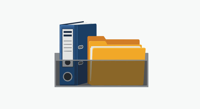 Storage box container holding a blue three ring binder and several yellow document folders for organized office filing and records management.