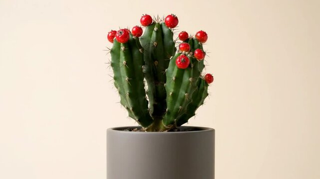 A vibrant cactus with red fruits sits in a gray pot indoors.