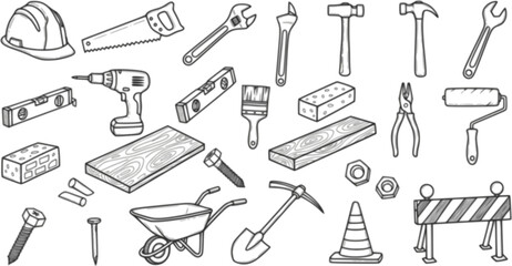 Construction Doodle Set: Hand-Drawn Building Material and Tools Vector Illustration
