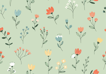 Naklejka premium Simple floral background with stylized tulips and wild plants in soft retro color palette