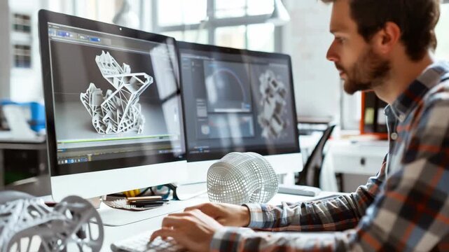Designer focused on creating a 3D model on computer screens