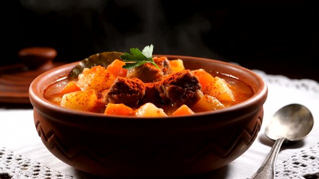 Hearty stew in a brown bowl.