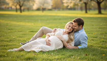 Fototapeta premium Pregnant woman and man lying on green grass in a park during golden hour. Happy couple expecting a baby. Maternity portrait in nature with warm sunset light
