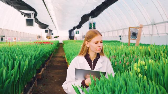 Scientist in greenhouse measures tulip buds while recording data meticulously. Researcher carefully observes tulip traits in greenhouse environment and documents findings accurately
