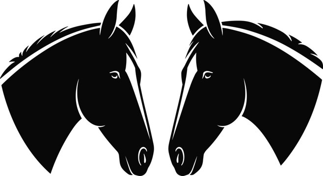 Horse head silhouette pair vector illustration, elegant equine animals facing each other, black stallion clipart isolated for logo, ranch branding, tattoo, and equestrian designPrint