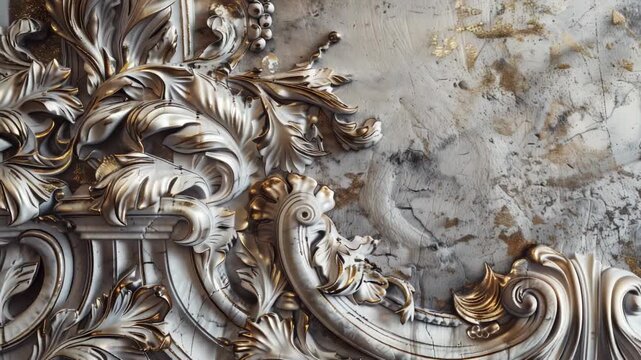 Intricate baroque gold leaf patterns on rugged concrete