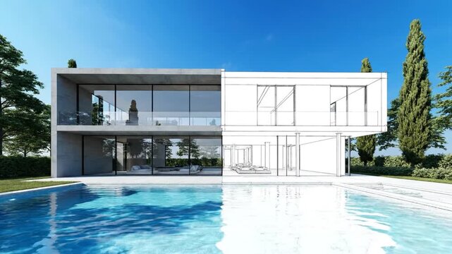 Modern luxury house half rendered half blueprint with pool