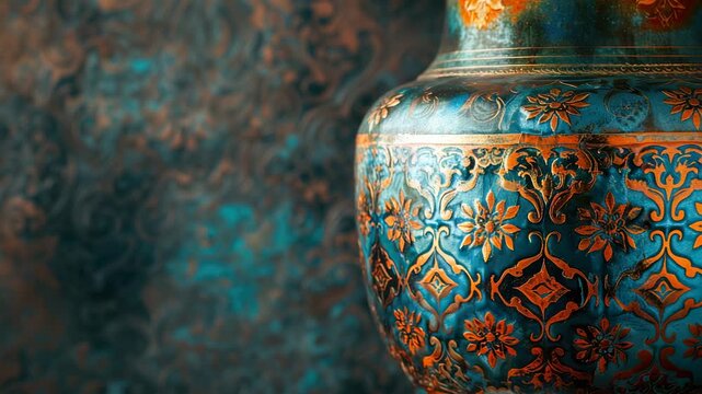 Close-up of a colorful and intricately patterned antique vase