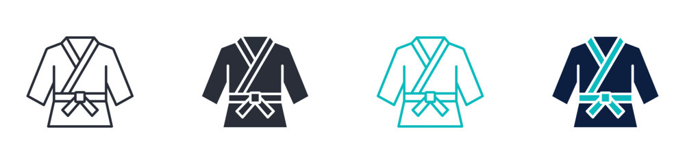 Martial arts gi icon set, karate uniform with belt traditional fighting sport clothing symbol, outline and solid and color style. Vector illustration. © Masuda Akthar