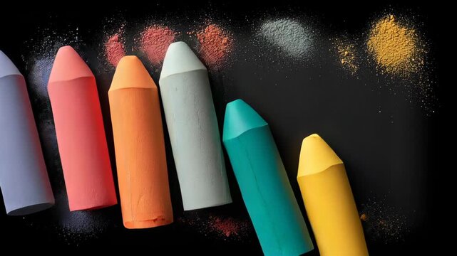 Colorful chalk pieces arranged in a row with vibrant powder dust scattered around them on a black background, showcasing a creative art setup for drawing and coloring