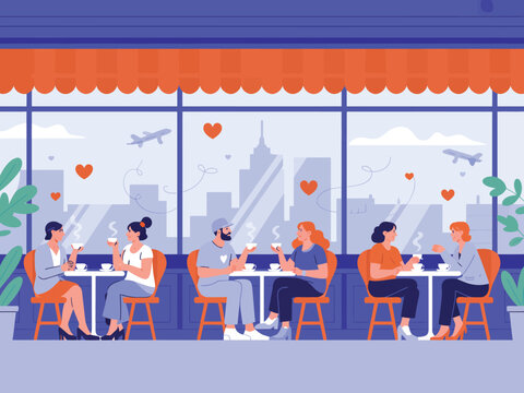 Couples share hot drinks at cafe tables.