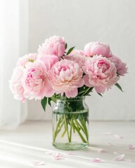 Fototapeta premium Dreamy feminine display of pink peonies in a glass jar bathed in diffused daylight against a clean background