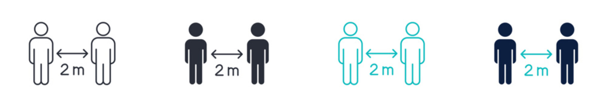 Social distance icon set, people keeping 2 meter distance safety health protection symbol, outline and solid and color style. Vector illustration.