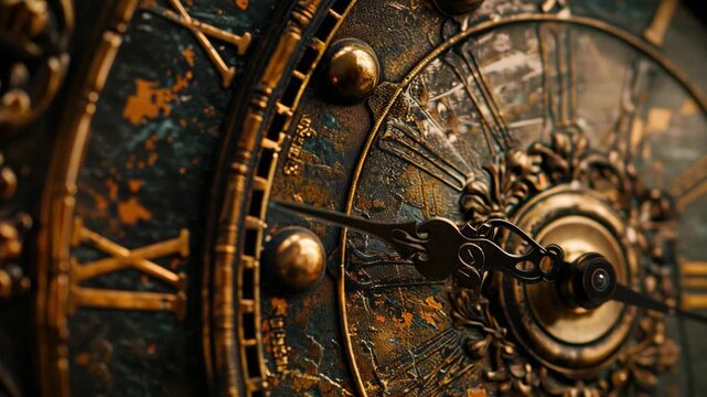 Macro shot of an antique astronomical clock face with detailed engravings
