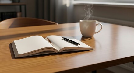 Naklejka premium Cozy morning scene with an open blank notebook, pen, and steaming cup of coffee on a wooden table.