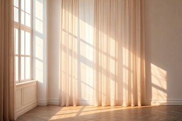 Fototapeta premium Soft sunlight streaming through sheer curtains in a minimalist interior capturing gentle shadows on the wall calm morning aesthetic with warm pastel tones clean composition dreamy light