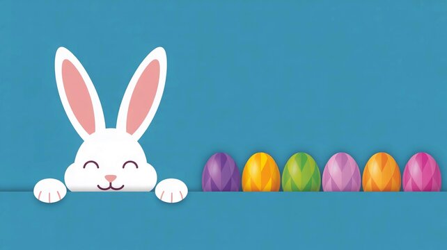 Joyful white cartoon bunny peeking over edge with happy expression accompanied by a colorful row of easter eggs in vibrant shades of purple orange green and pink set against a clean solid blue