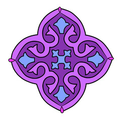 Naklejka premium A symmetrical, ornate design featuring interlocking purple and light blue shapes.