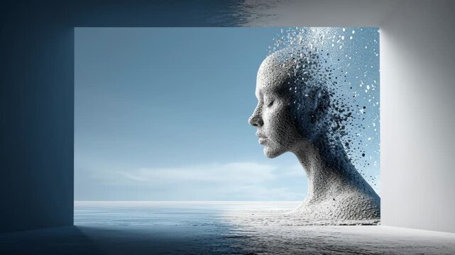 Abstract representation of a human face dissolving into particles, showcasing a gradual transformation within a minimalistic environment with blue sky and water