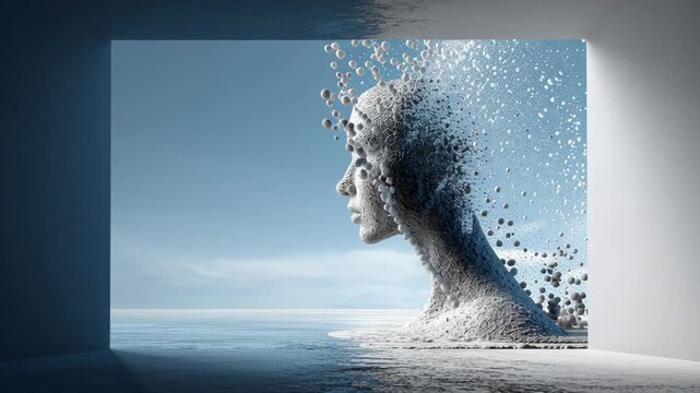 Abstract representation of a female face dissolving into particles, showcasing a gradual transformation in a serene, open environment with a clear blue sky