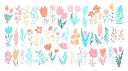 Botanical Floral Pastel Illustration with Whimsical Hand Drawn Style Peach Pink and Teal Colors on White Background Delicate Spring Flowers and Leaves Assortment