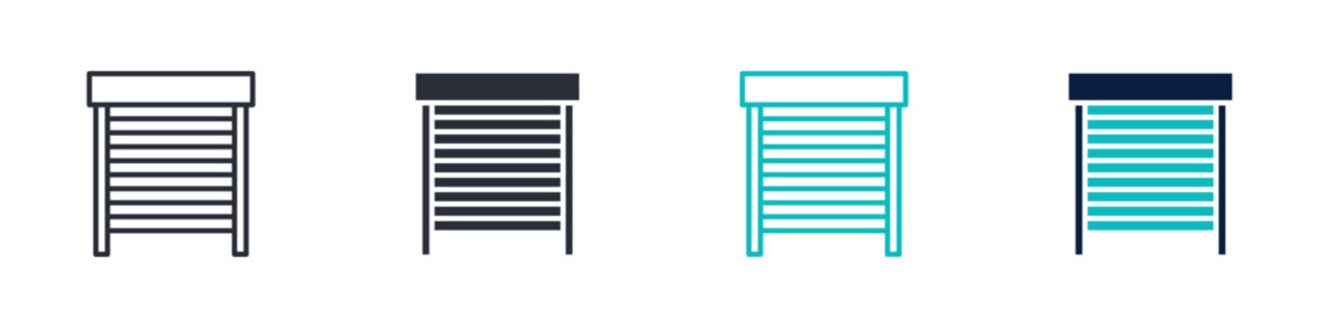 Window shutter icon set, rolling shutter door security protection symbol, outline and solid and color style. Vector illustration.