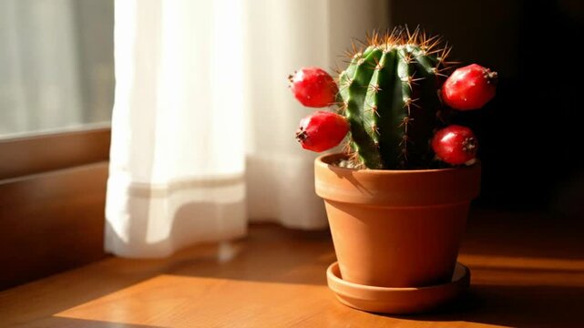 A potted cactus with red fruits sits on a wooden table near a sunny window.