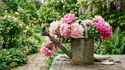 Pink peony flowers in a vintage metal watering can on a garden table. Rustic floral arrangement outdoors. Spring gardening concept