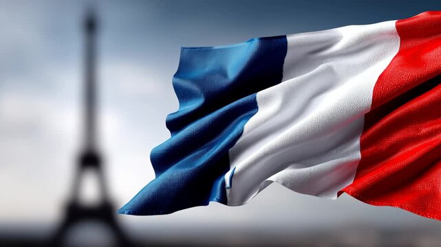 French flag waving in the wind with the Eiffel Tower blurred in the background, showcasing the vibrant blue, white, and red colors of the national symbol of France