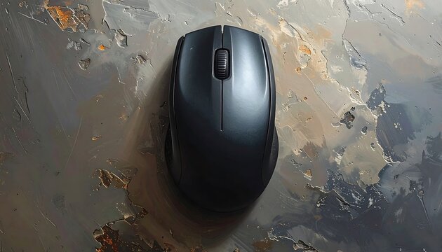 A modern wireless computer mouse, top-down view, positioned centrally on a textured, abstract, and mottled background