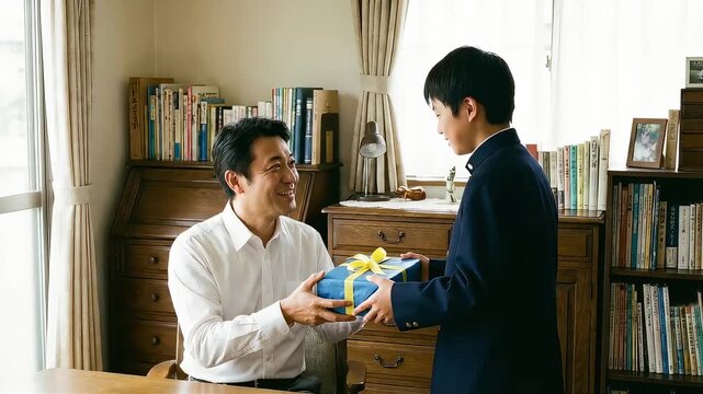 父の日に照れながらプレゼントを渡す制服姿の息子