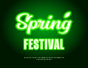 Vector Illumination banner Spring Festival. Elegant Neon Font. Glowing Alphabet  Numbers and Symbols.