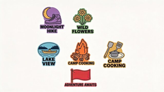 Camping Logo Set Outdoor Adventure Badges Hiking Nature Bonfire Cooking Lake Moonlight Wild Flowers Vector Illustration Summer Vacation Wilderness Travel Exploration Emblem Patch