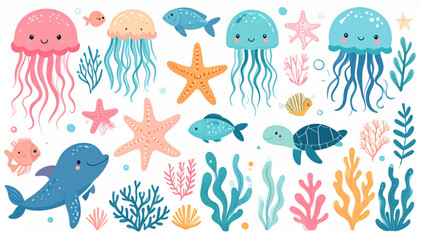 Obraz premium Cute sea creature vector set with jellyfish starfish coral seaweed and smiling underwater animals isolated on white background for nursery ocean designs