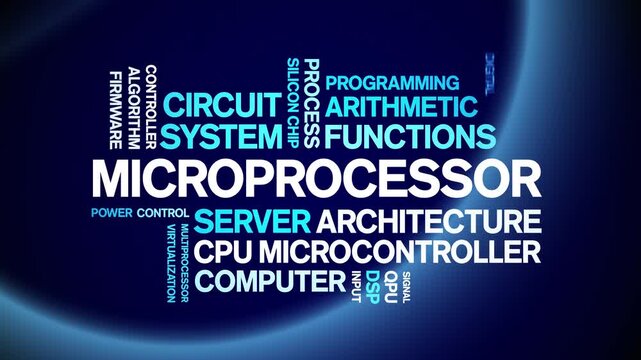 Microprocessor animated word cloud-text design animation tag kinetic typography seamless loop.
