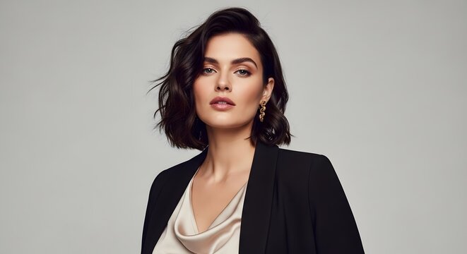 Woman in professional attire posing against a neutral backdrop for studio portrait