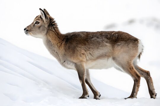 Young chamois stands on snow-covered hillside