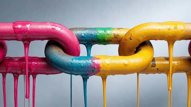 Colorful dripping paint on interconnected metal chains in a close-up view, showcasing vibrant hues of pink, blue, green, and yellow against a soft gray background