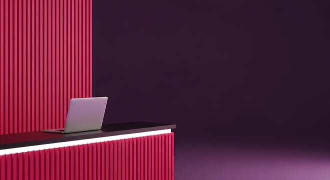 Modern office interior with a laptop on a desk, minimalist design.