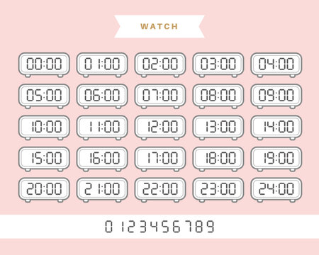 Complete Digital Clock Set from 00:00 to 24:00: Vector Illustration of Minimalist Alarm Clocks with Numeric Font for Schedule, Time Management, and UI Design