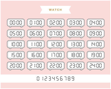 Complete Digital Clock Set from 00:00 to 24:00: Vector Illustration of Minimalist Alarm Clocks with Numeric Font for Schedule, Time Management, and UI Design