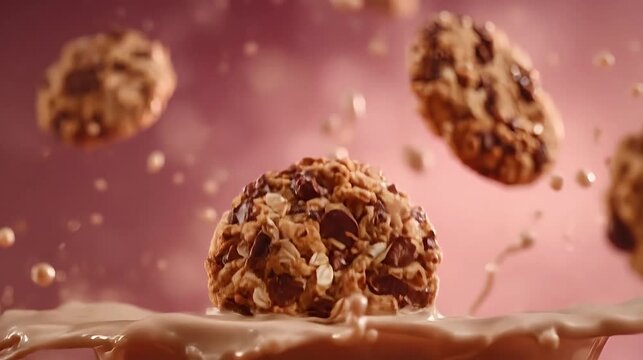 Delicious chocolate chip cookies falling into splash of chocolate milk with perfect textures and shapes shot in soft studio lighting on pink background
