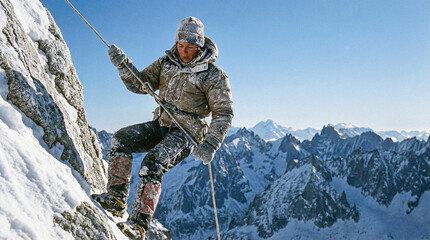 Female Mountaineer Climbing Icy Alpine Peak 