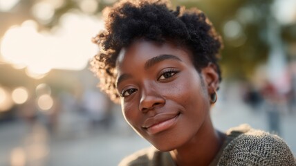 African college student portrait on university campus. Smiling young woman. Higher education and student life concept.